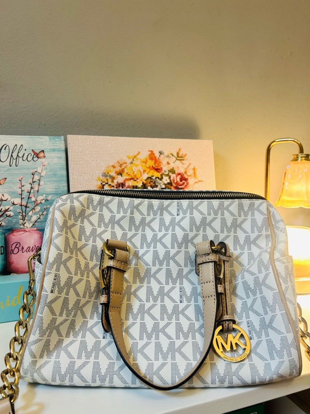 MICHAEL KORS Grayson Signature Print Satchel Handbag Bag Brown Medium